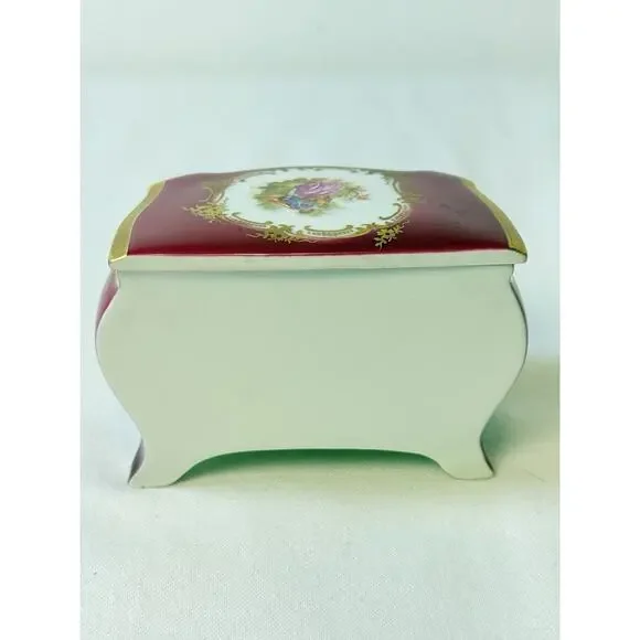 Vtg Porcelain SA Limoges Courting Couple Burgundy &Gold Trinket Box